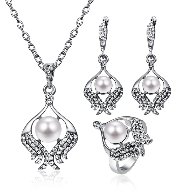 

808 STORE Fashion Silver Pearl Three-piece Jewelry Sets Necklace Luxury Wedding Engagement Crystal Ring Earring for Women