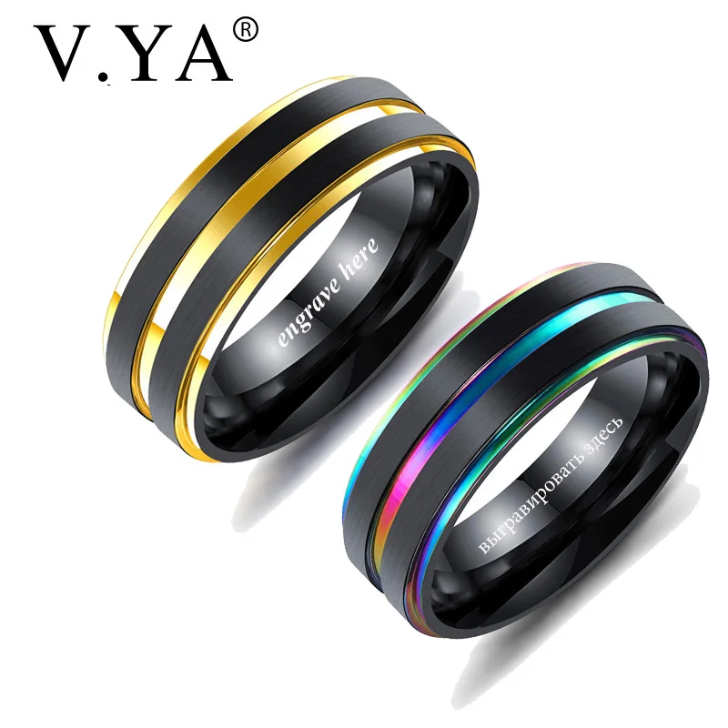 

V.YA Black Stainless Steel Rings For Men Women DIY Custom Engrave Wedding Bands Trendy Rainbow Groove Male Rings Jewelry Charms