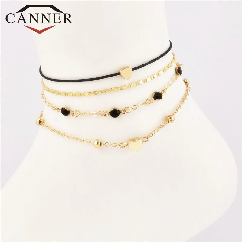 CANNER Multilayer Gold Color 4 Pcs/set Boho Heart Anklets Set Fashion Jewelry Women Anklet Bracelet TW | Украшения и аксессуары