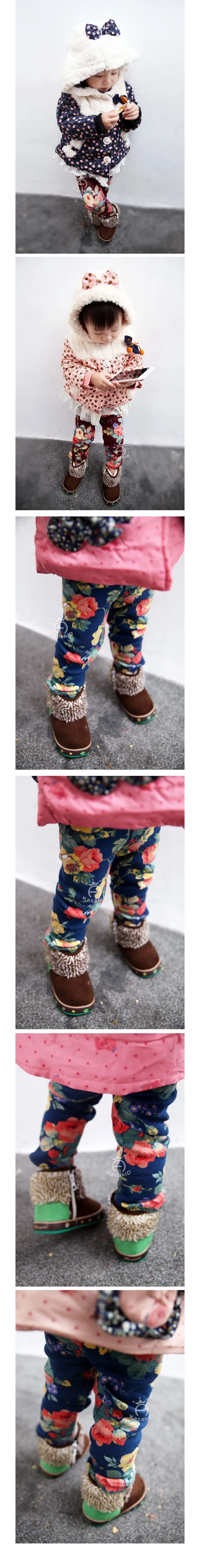 Kacakid зима для маленьких девочек бархатные теплые леггинсы с цветочным рисунком для детей PP Штаны детские штаны теплые штаны 3 цвета