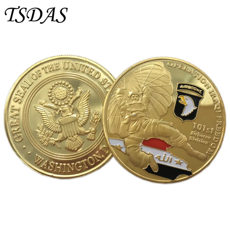 

Golden USA Commemorative Coins with Round Box Custom Metal American Coin Painted WASHINGTON D.C. 101st Airborne Division