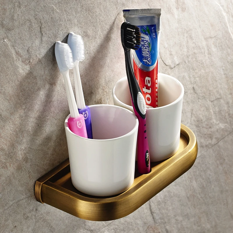 Luxury Wall Mounted Brass Antique Brushed Solid Toothbrush Cup Rack