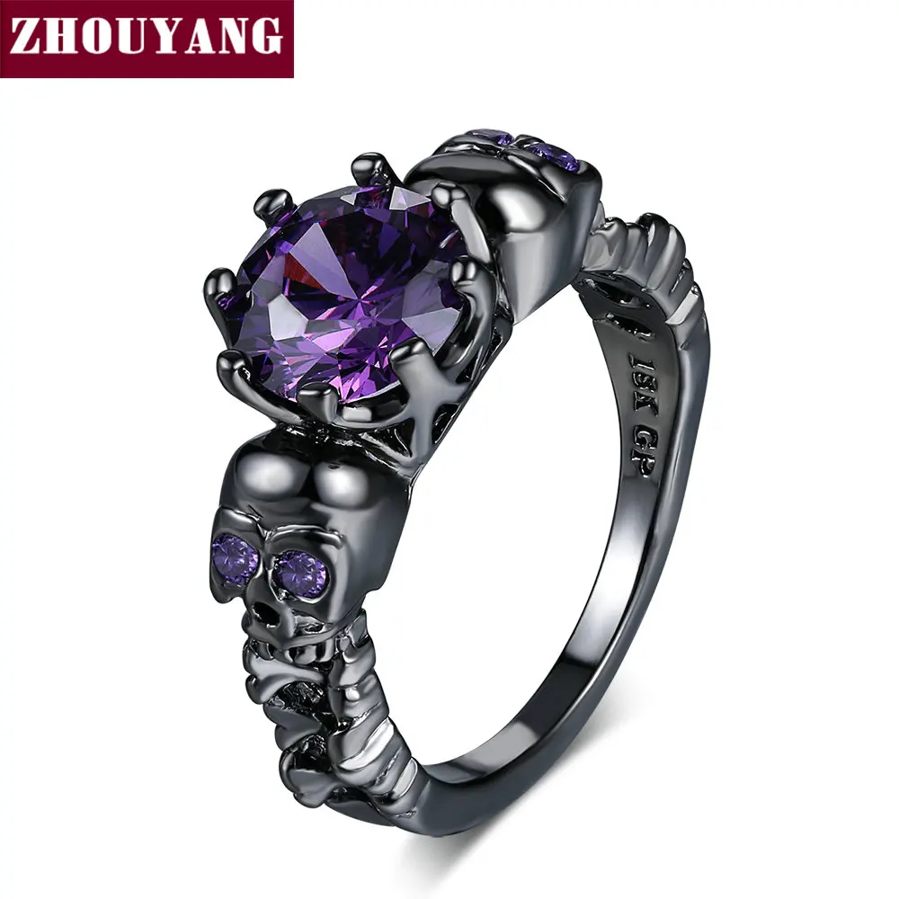 

ZHOUYANG Skull Ring For Women Punk Style Cubic Zircaonia Skeleton Black Gold Color Cocktail Party Fashion Jewelry R523