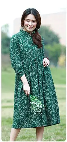 Green Женское цветочное длинное платье из хлопка и льна, женское платье в китайском стиле с застежкой-лягушкой, Повседневное платье на завязках, воротник-стойка - Цвет: Green