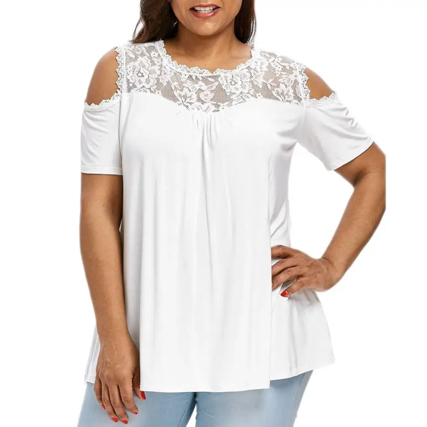

FEITONG T Shirt Women Summer 2018 Plus Size 5XL O-neck Lace White Solid Short Sleeve Hollow Out Tees T-shirt Vrouwen May813