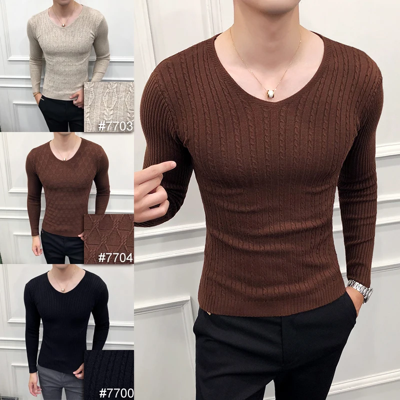 2019 новейший Мужской Повседневный пуловер с v-образным вырезом Мужская Весенняя приталенная рубашка с длинным рукавом мужские свитера