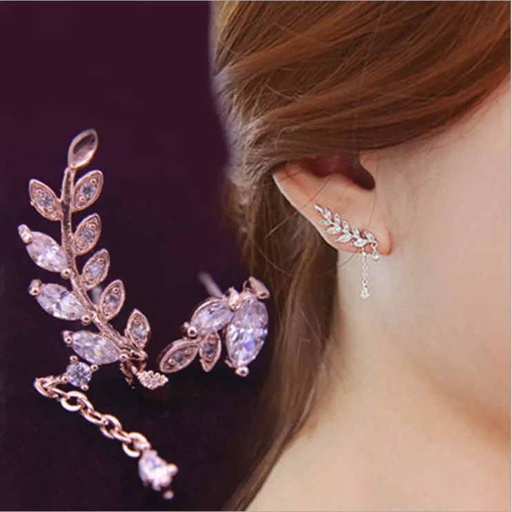 

Hot New Fashion Luxury Leaf Designer Ear Crawler Asymmetry Micro Pave AAA Cubic Zirconia Earrings Women 2016