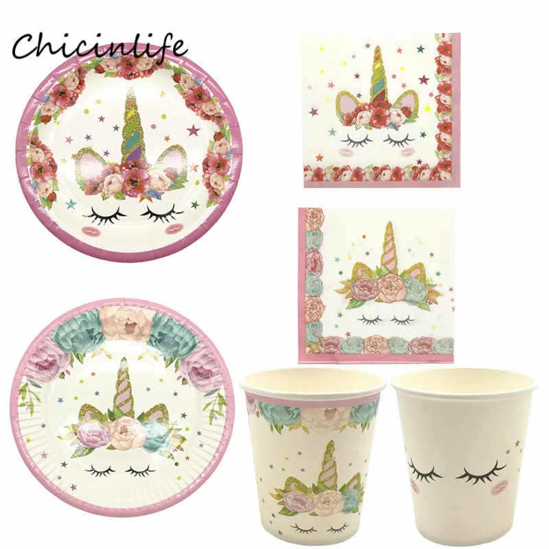 Chicinlife Table DisposableTableware Unicorn Paper Plates Cup Napkins