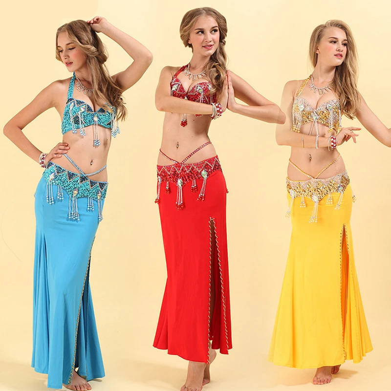 

High Quality Women Belly Dance Suit Bra+Belt 2 Pieces Handmade Beaded Sexy Sari Indian Clothing Oriental Costumes 11 Color