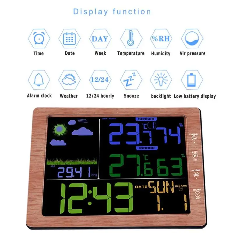 

Thermometer Hygrometer Wood Grain Mulitifuntions Pressure Digital Weather Station Wireless Sensor LCD Display With Alarm Clock