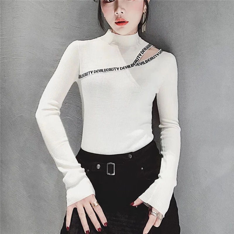 Harajuku Для женщин свитер вязаный Тонкий Vogue топы с длинными рукавами круглым