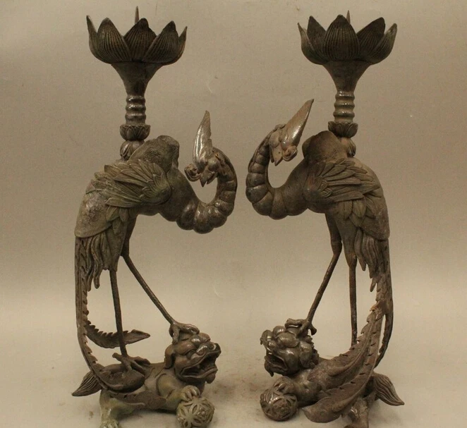 

15" China Dynasty Bronze Lion Foo Dog Ball phoenix Bird Candle Holder Candlestic