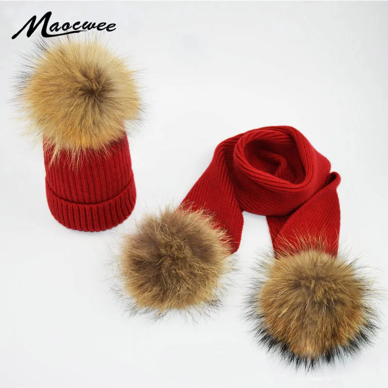 

Fur Pompom Winter Hats for Woman Man Raccoon Fur Hat Scarf Set Girls and Boys Fur Pom Poms Knitted Beanies Hat Cap Brand Scarves