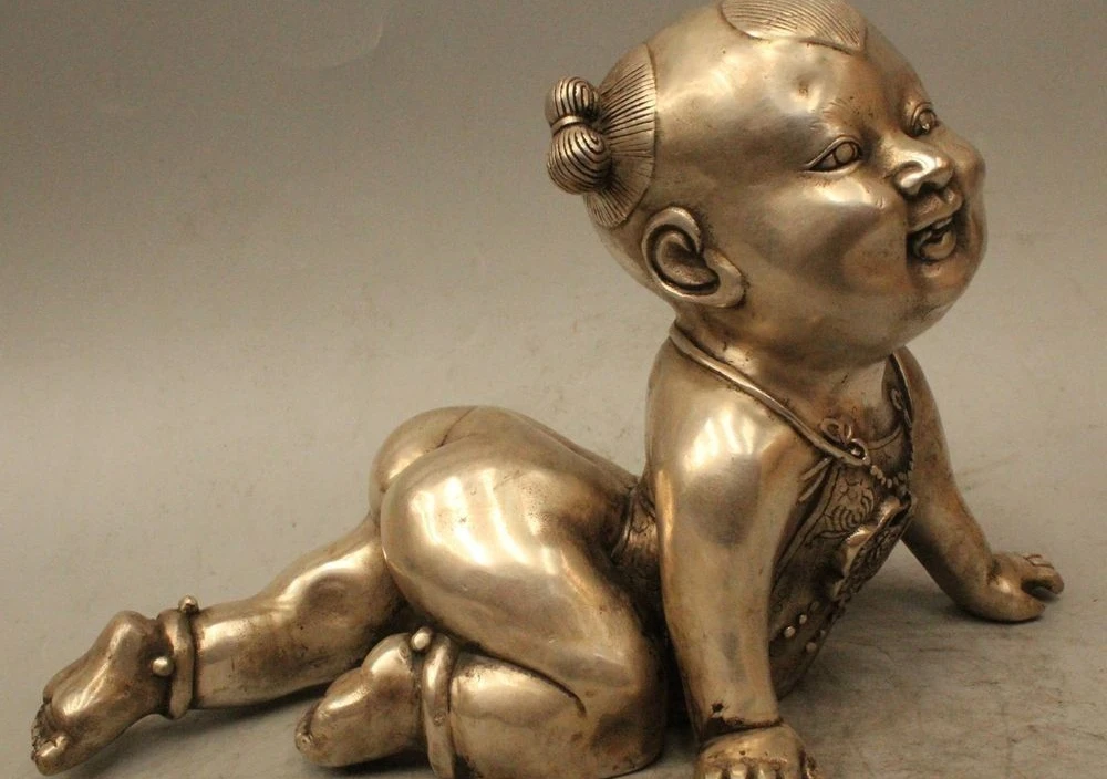 

7" China Chinese Folk Feng Shui Silver Lucky creep Tong Zi Boy Statue