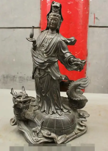 

S05933 16" Folk Chinese Pure Bronze Kwan-Yin GuanYin Pot Buddha On Dragon globe Statue