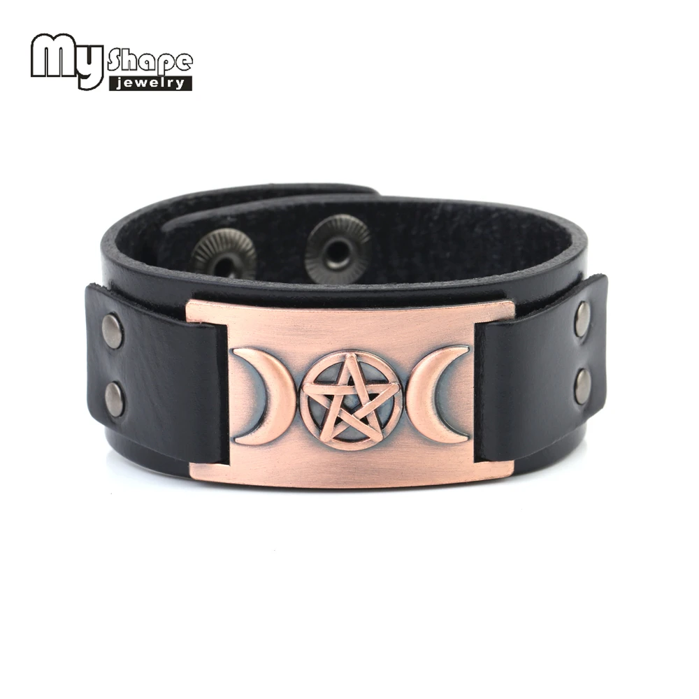 

My Shape Leather Men Bracelet Vintage Metal Triple Goddess Sign Black And Brown Leather Band Bracelets For Women
