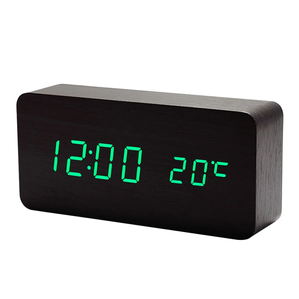 Деревянный светодиодный Будильник с контролем звуков температуры светодиодный дисплей электронные настольные цифровые настольные часы TB распродажа - Цвет: Зеленый