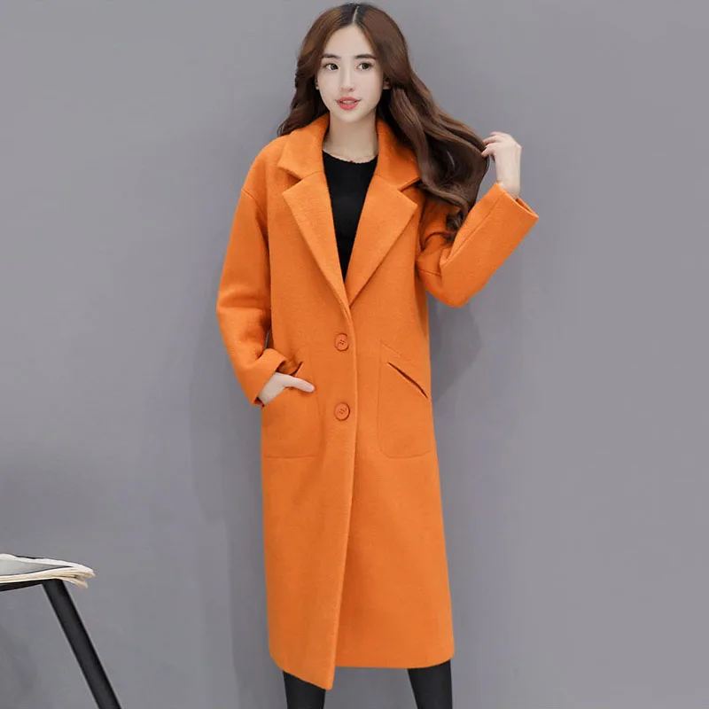 

2019 winter new large size single-breasted women's woolen coat autumn and winter fashion long solid color coat B10