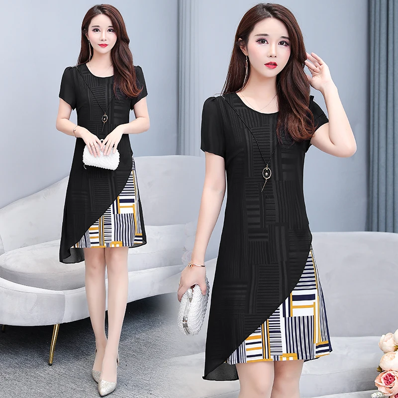 L-5XL Women's Chiffon Dress Summer 2019 New Fashion Office Patchwork Striped Ruffles Short-sleeve Loose Dress Female Black Blue