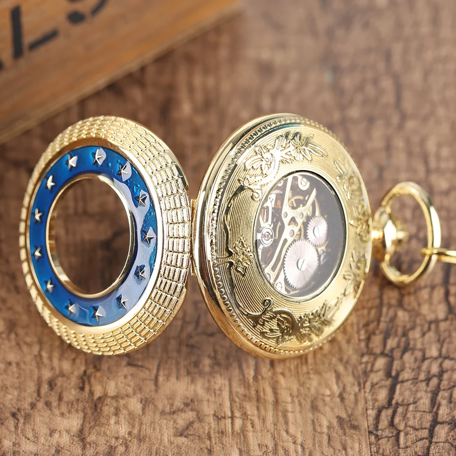2017 Luxury Gold Mechanical Watches Unisex Blue Star Hollow Circle Roman Numbers Pocket Watch Men Women Antique Fob Pendant Gift (11)