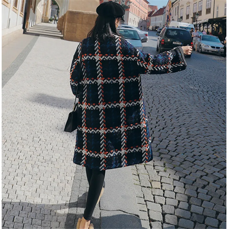 Женские пальто зимнее длинное шерстяное клетчатое пальто винтажное Элегантное повседневное модное корейское Женское пальто