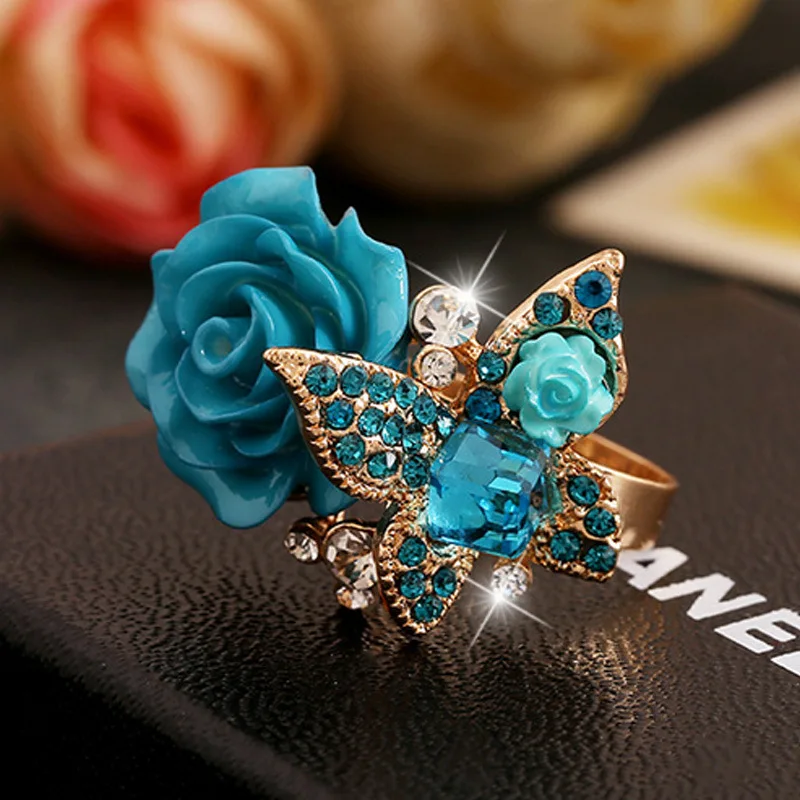 Flower Adjustable Rings Rose Butterfly Crystal Rhinestone Rings Resin