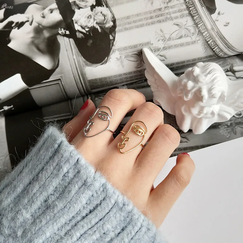

AOMU Korea 925 Sterling Silver Human Face Rings Simple Element Design Fashion Hollow Opening Rings For Women Charms Jewelry Set