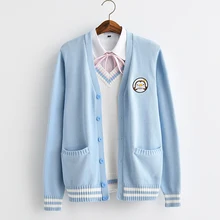 2017 nouveau mignon pingouin bébé broderie collège style japon doux soeur JK uniformes tricoté tricot cardigan pull bleu et blanc 