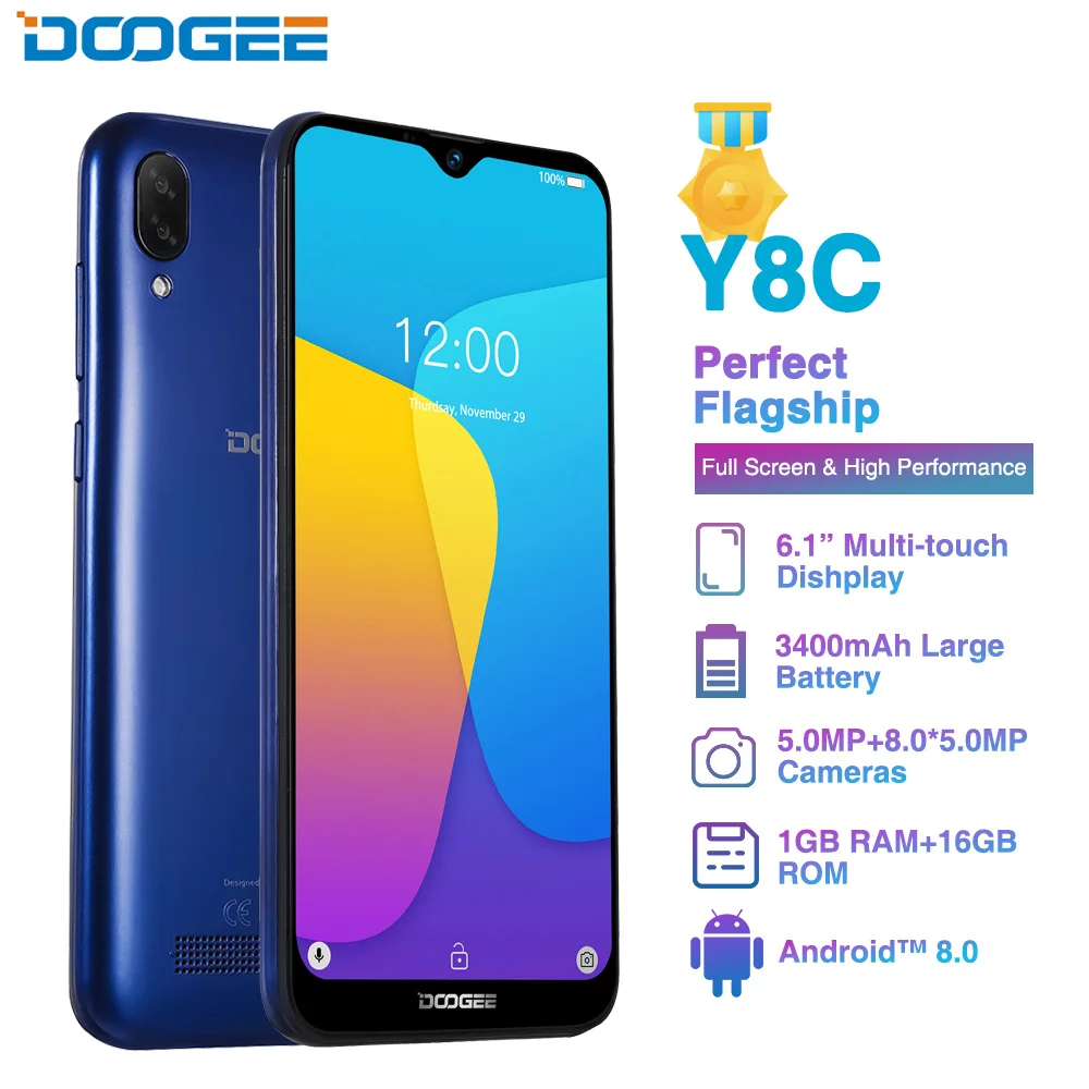 

DOOGEE Y8C Android 8.1 6.1inch 19:9 Smartphone MTK6580 1GB RAM 16GB ROM 3400mAh Dual SIM 8MP+5MP Waterdrop Screen Mobile Phone