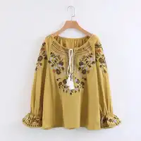 Teelynn綿自由奔放に生きるブラウス2018エスニック花刺繍シックなタッセルパフロングスリーブブラウスヒッピーシャツ女性トップcamisas