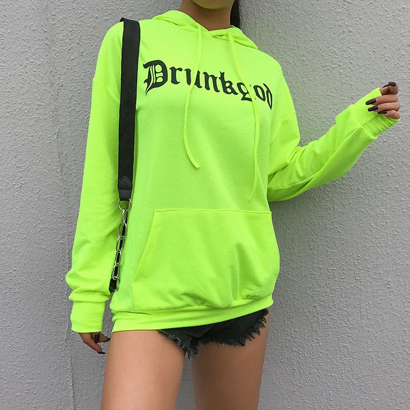 Auyiufar Neon Green Long Sleeve Hooded Sweatshirt Loose Streetwear Gothic Letter Printed Tops Harajuku Pullover Women Autumn Top Auyiufar Neon Green Long Sleeve Hooded Sweatshirt Loose Streetwear Gothic Letter Printed Tops Harajuku Pullover Women Autumn Top