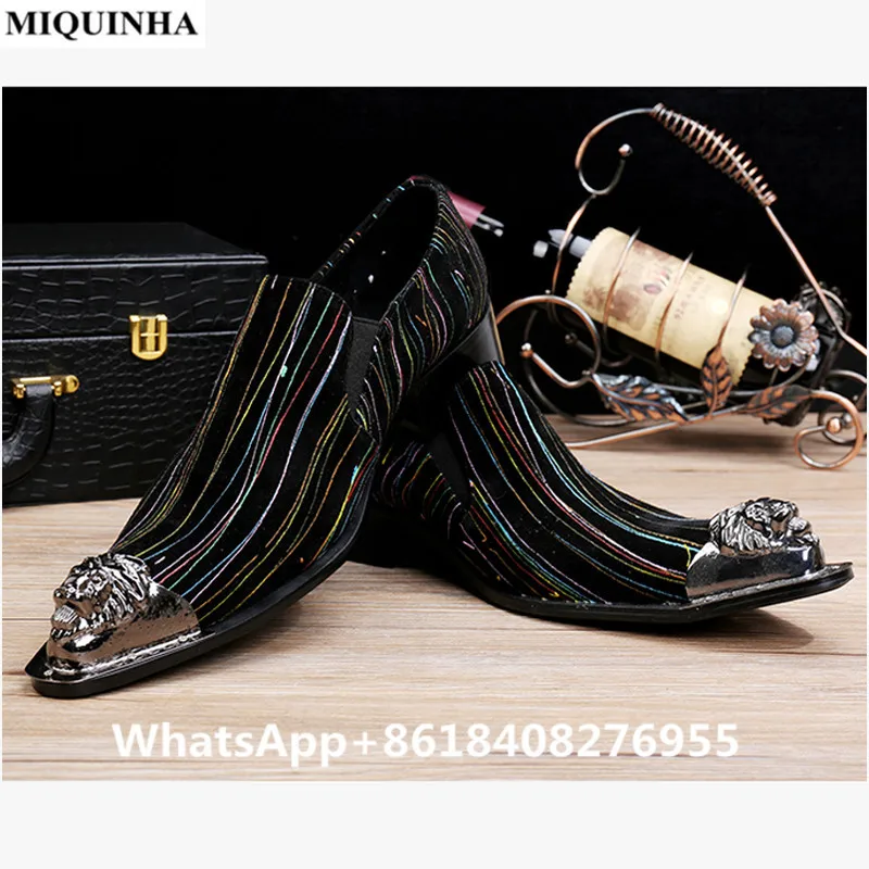 

MIQUINHA Metal Sequin Pointed Toe Striped Print Leather Mens Business Dress Shoes Real Leather Slip On Flats Fashion Derby Shoes