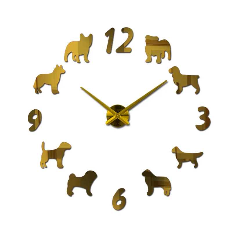 

new arrival Clock Watch Wall Clocks Horloge 3d Dog pattern Acrylic Mirror Stickers modernHome Decoration Living Room Quartz