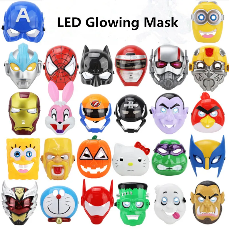 Светодиодный светящийся супергерой, маска для косплея, Человек-паук, маска на Хэллоуин, Дэдпул, Халк, супергерой, Железный человек, Бэтмен, Губка Боб, Миньоны, Вечерние Маски