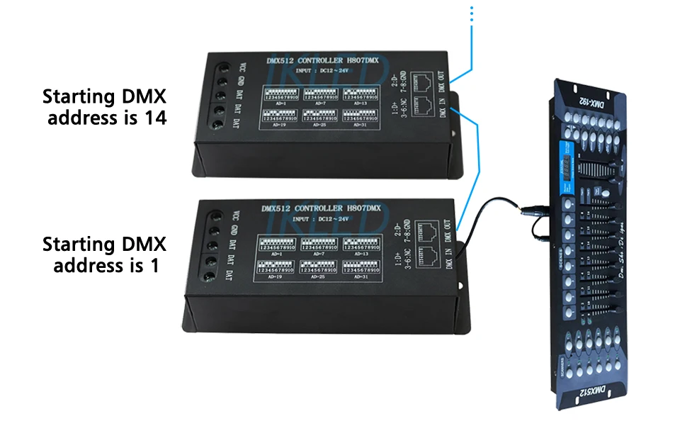 DMX512 контроллер, подключаться к DMX512 консоли, поддержка WS2812, WS2813, UCS1903, etc.13 цифровые мультиплексные каналы для каждого устройства, управление