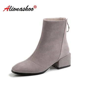 

2019 ankle boots Autumn new concise casual zipper women mid square heel Cow Suede warm booties woman brand shoes Plus Size 39