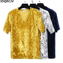 Женская футболка, новая мода, короткий рукав, бархатная футболка, сплошной цвет, v-образный вырез, свободная, плюс размер, 4XL, короткая футболка для женщин IOQRCJV838