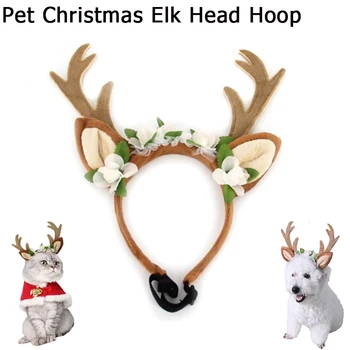 

Pet Christmas Elk Head Hoop Silk Flower Reindeer Antlers Pet Accessories Hand made Pet Supplies For Pet Dogs Cats Decorating