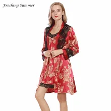 FRESHING SUMMER RAYON SILK PRINT LACE FULL ROBE SET SOFT MINI SEXY SLEEP SKIRT