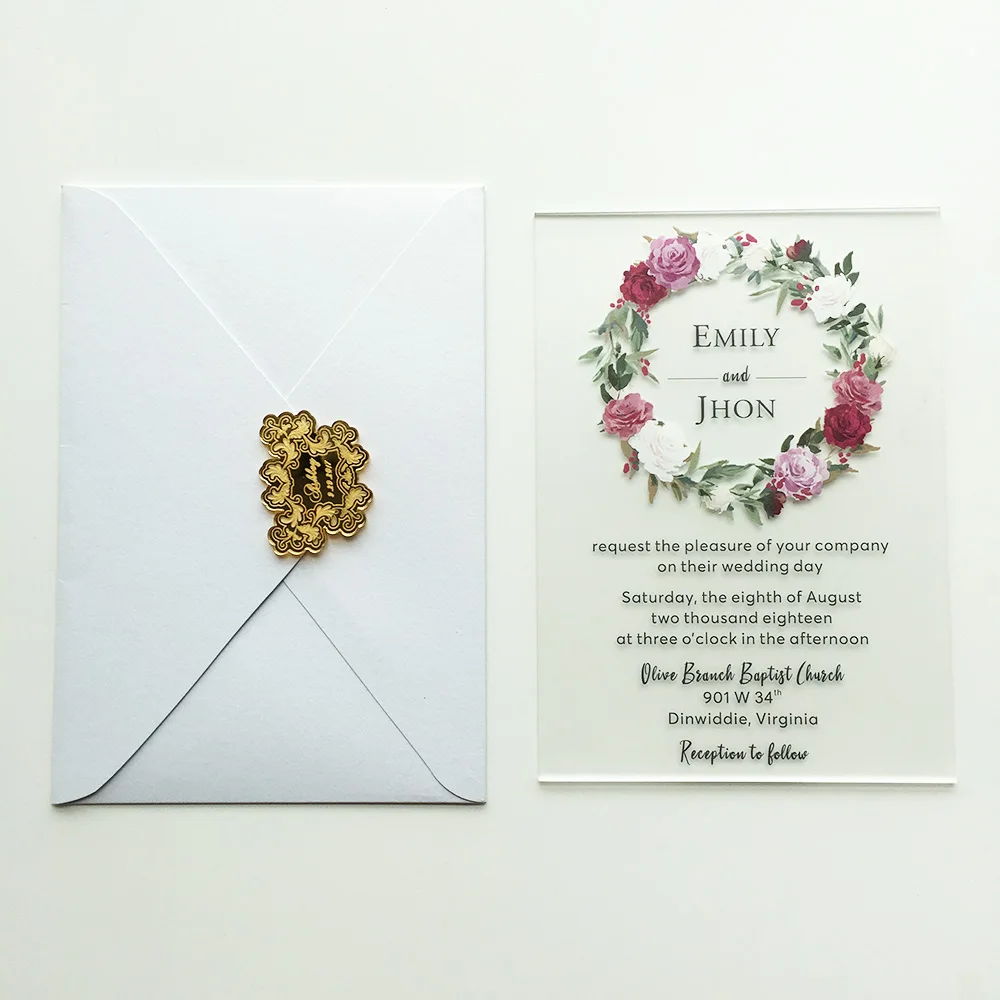  50sets Per Lot Customized Rustic Floral Watercolor Style 5x7inch Frosted Acrylic Wedding Invitation - 32864956784