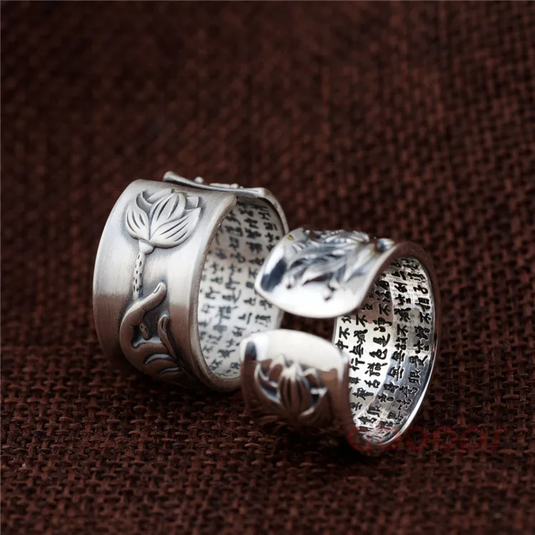  12 mm Vintage 990 Sterling Silver Buddha Hand Lotus Flower Ring Engraved Heart Sutra Inside for Lov