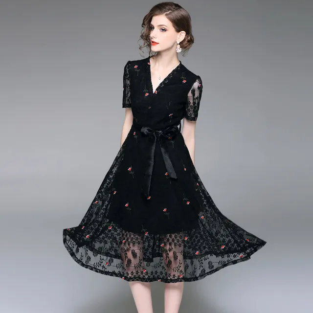 black lace a line dress