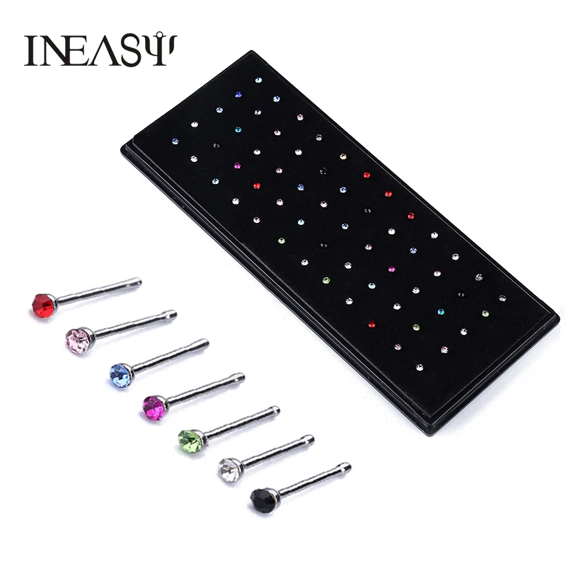 60Pcs Set Nose Piercing Fake Nose Ring Stainless Steel Indian Style Crystal Rhinestone Bone Stud Surgical