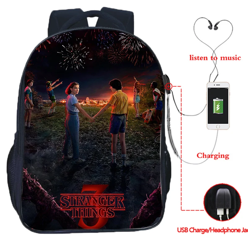 

Stranger Things 3 Multifunction USB Charge School Bag Boys Girls Travel Bags Mochila Headset Jack Backpack for Teens Students