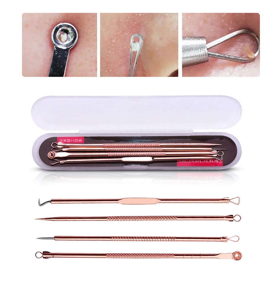 

4PCS Blackhead Extractor de cravo Rose Gold Black Dots Cleaner Acne Blemish Remover Needles Set Black Spots Pore Cleanser Tool