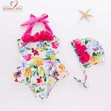 Новинка; купальный костюм для маленьких девочек; комплект из 2 предметов с цветочным принтом и шляпой; купальный костюм для маленьких детей; пляжный купальный костюм в Корейском стиле