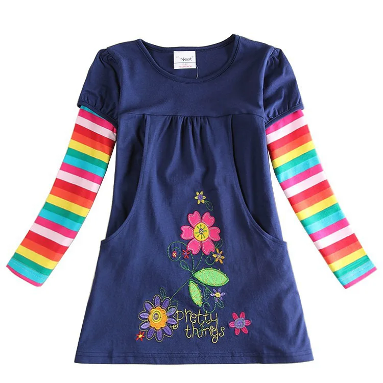 Платье с длинными рукавами для девочек с рисунком единорога; одежда для маленьких девочек; хлопковая вышитая фигура; детское платье; осеннее платье; LH3660 - Цвет: H5802 navy