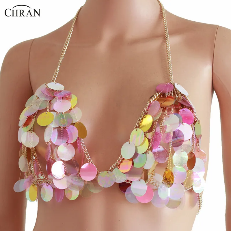 Chran Bikini Mesh Pink Sequin Chain Bra Body Jewelry Sexy Showgirl Belly Dance Bra Festival Wear
