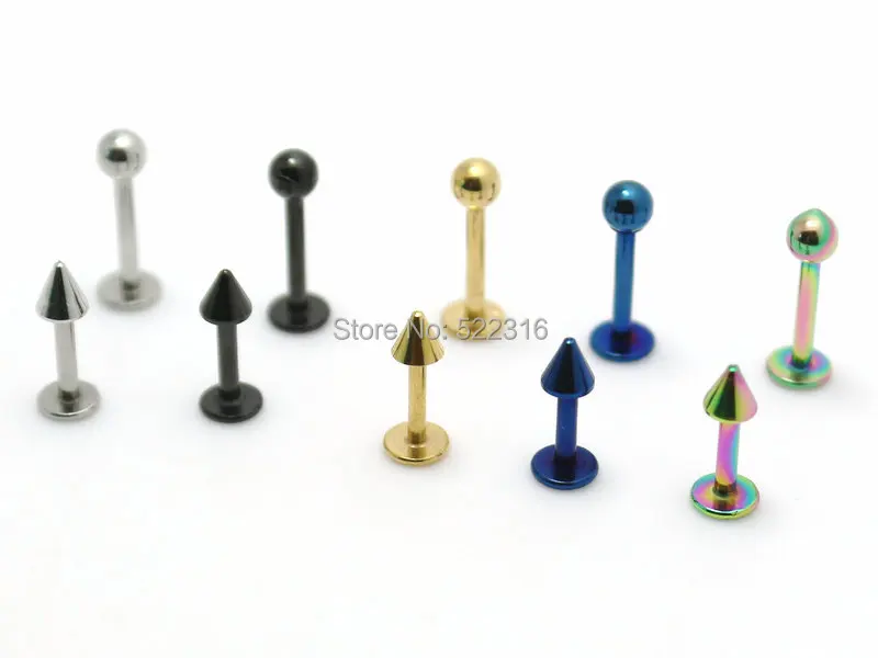

40pcs mix color lots stainless steel labret lip piercing jewelry ball/cone end 1.2*8*3mm steel black gold blue rainbow colors