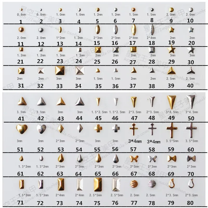 100 шт./лот 61-80 миниатюрные прямоугольные заклепки в форме банта, металлические украшения для дизайна ногтей, 3D наклейки для ногтей, ювелирные украшения для ногтей, подвески для ногтей